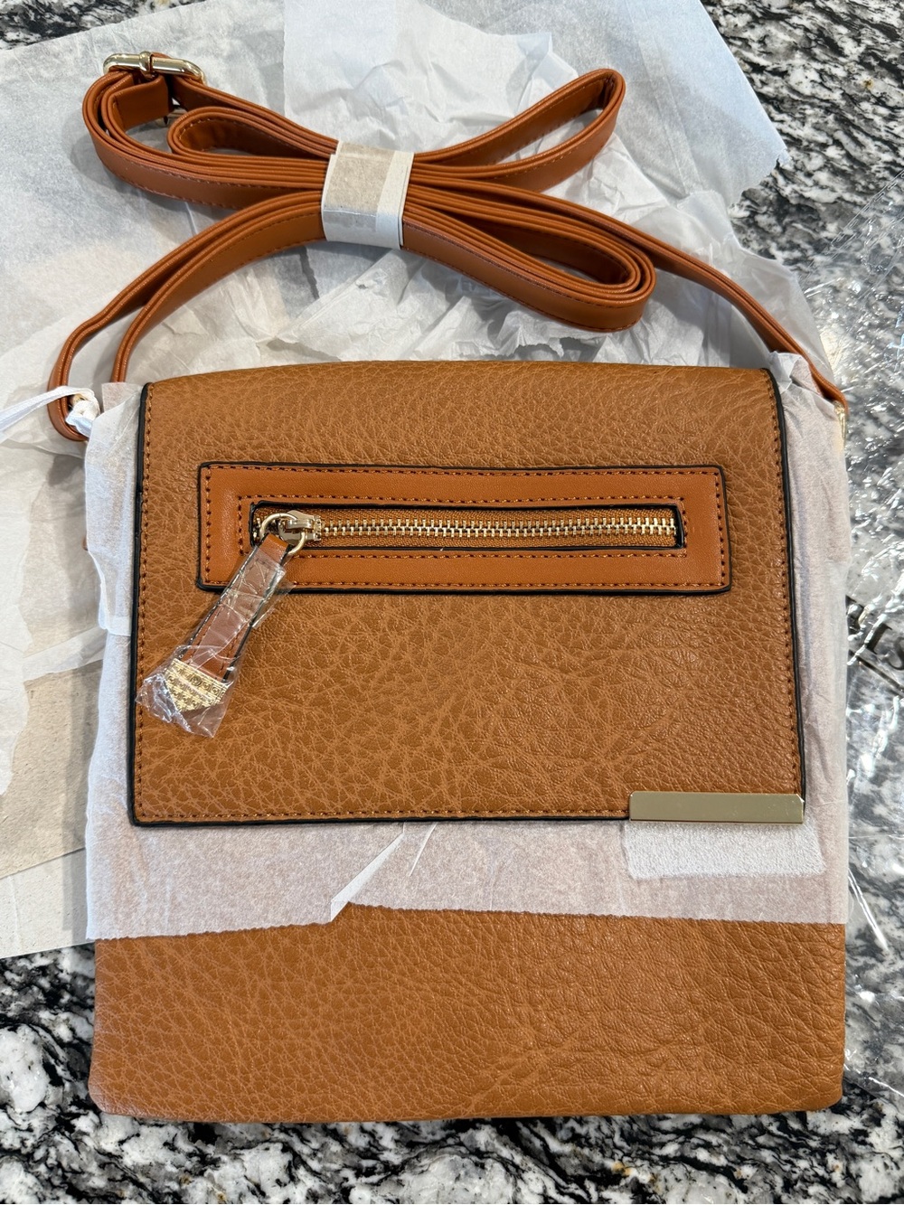 Women's Cognac Leather-Texture Crossbody Bag with Front Zip Accent